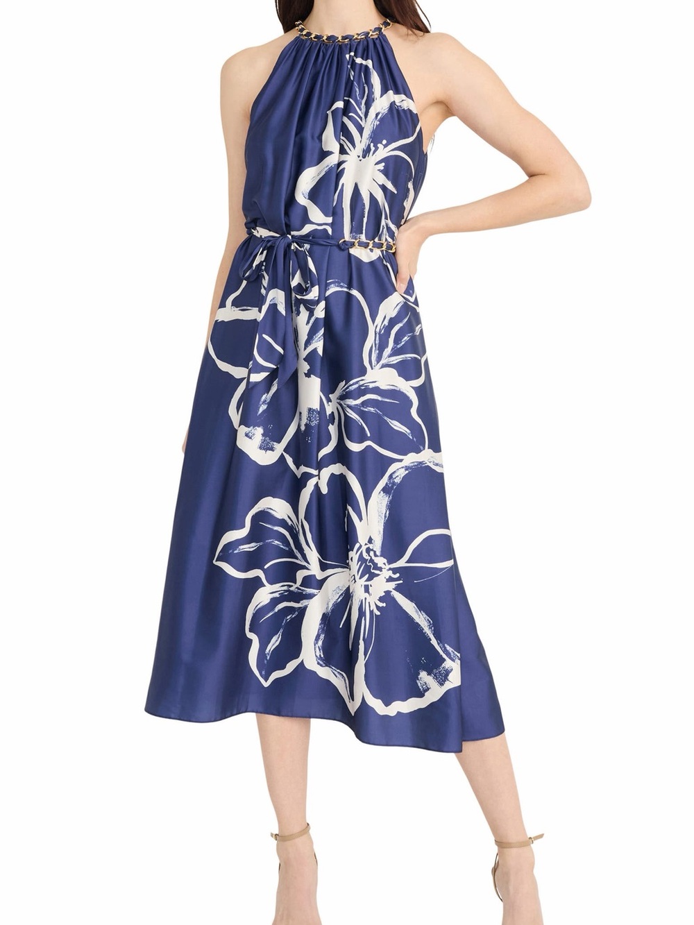NWT Maggy London Navy and White Floral Satin Halter Midi Dress